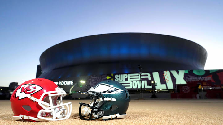 Feb 7, 2025; New Orleans, LA, USA; A general overall view of Kansas City Chiefs and Philadelphia Eagles helmets at the Caesars Superdome, the site of the Super Bowl LIX between the Kansas City Chiefs and the Philadelphia Eagles. Feb 7, 2025; New Orleans, LA, USA; A general overall view of Kansas City Chiefs and Philadelphia Eagles helmets at the Caesars Superdome, the site of the Super Bowl LIX between the Kansas City Chiefs and the Philadelphia Eagles.