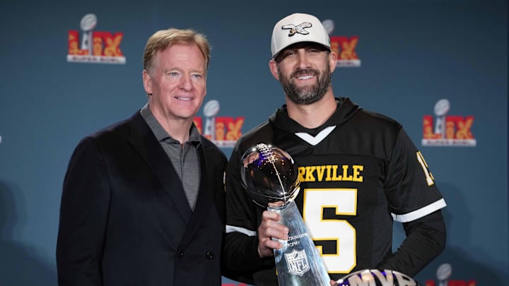 Feb 10, 2025; New Orleans, LA, USA; NFL commissioner Roger Goodell (left) and Philadelphia Eagles coach Nick Sirianni pose with the Vince Lombardi trophy at the Super Bowl LIX Winning Head Coach and Most Valuable Player press conference at the Ernest N. Morial Convention Center. Mandatory Credit: Kirby Lee-Imagn Images