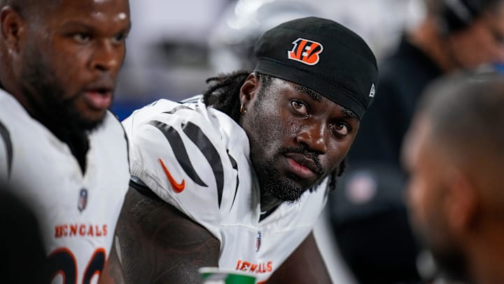 Cincinnati Bengals defensive end Shemar Stewart (97) sits between drives in the first quarter of the NFL Week 7 game between the Cincinnati Bengals and the Pittsburgh Steelers at Paycor Stadium in downtown Cincinnati on Thursday, Oct. 16, 2025.