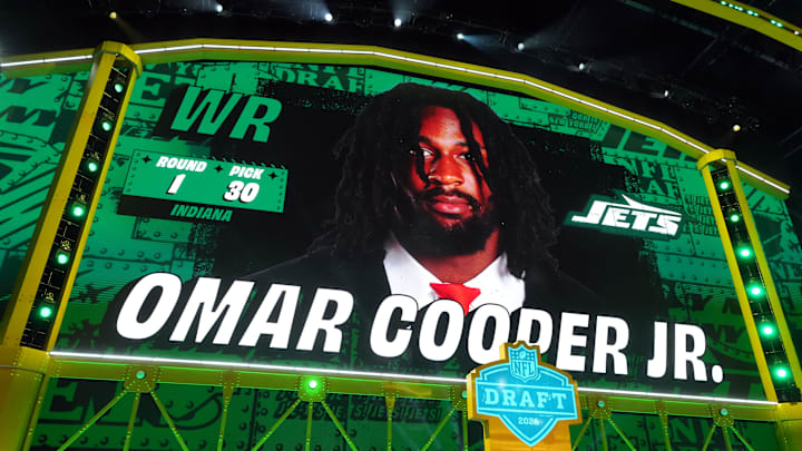 Apr 23, 2026; Pittsburgh, PA, USA; Indiana Hoosiers wide receiver Omar Cooper Jr. is selected by the New York Jets as the number 30 pick during the 2026 NFL Draft at Acrisure Stadium. Mandatory Credit: Kirby Lee-Imagn Images