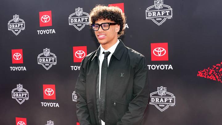 Apr 23, 2026; Pittsburgh, PA, USA; Arizona State Sun Devils receiver Jordyn Tyson poses on the red carpet before the 2026 NFL Draft at Point State Park. Mandatory Credit: Kirby Lee-Imagn Images