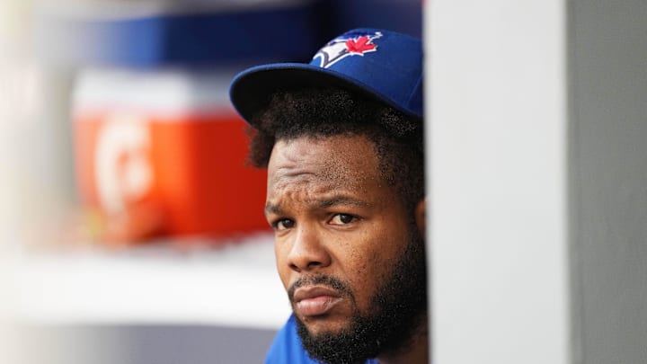 Toronto Blue Jays designated hitter Vladimir Guerrero Jr. (27) sits in the dugout before the start of a game against the Miami Marlins at Rogers Centre on Sept 29. Toronto Blue Jays designated hitter Vladimir Guerrero Jr. (27) sits in the dugout before the start of a game against the Miami Marlins at Rogers Centre on Sept 29.