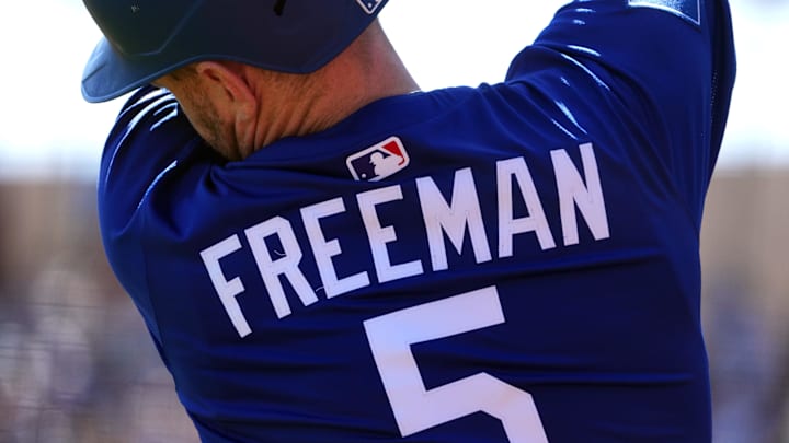 The details of the jersey of Los Angeles Dodgers first base Freddie Freeman (5) during the second inning against the Arizona Diamondbacks at Camelback Ranch-Glendale on March 10.