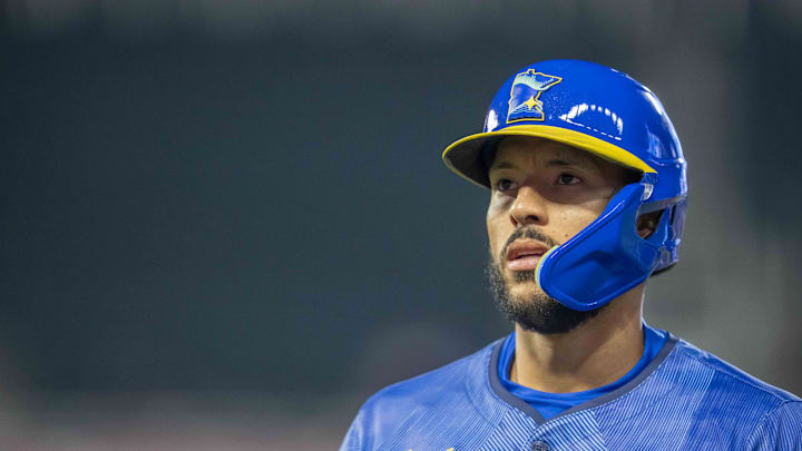 Minnesota Twins shortstop Carlos Correa (4) looks on against the Detroit Tigers in the ninth inning at Target Field on April 11.