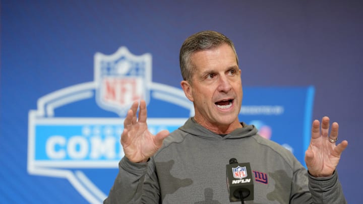 Feb 24, 2026; Indianapolis, IN, USA; New York Giants coach John Harbaugh speaks at the NFL Scouting Combine at the Indiana Convention Center.