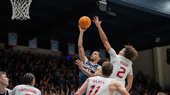 Gonzaga Bulldogs guard Nolan Hickman (11) shoots against Saint Mary's Gaels guard Jordan Ross (2). Gonzaga Bulldogs guard Nolan Hickman (11) shoots against Saint Mary's Gaels guard Jordan Ross (2).