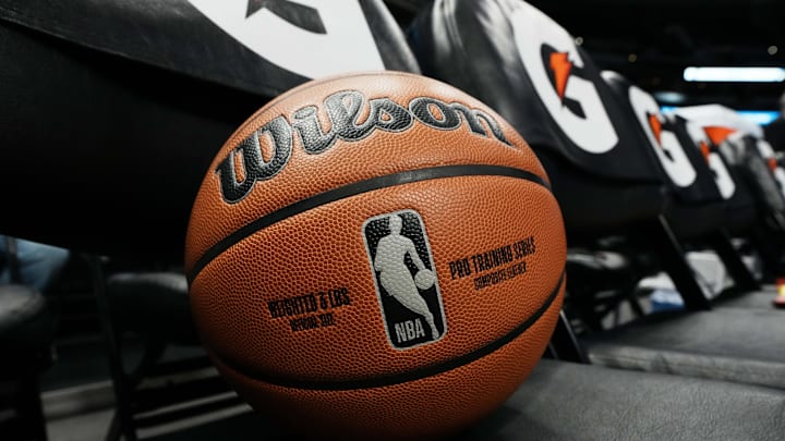 Feb 6, 2025; Denver, Colorado, USA; General view of a NBA Wilson basketball on the Denver Nuggets bench of Ball Arena before a game against the Orlando Magic. Mandatory Credit: Ron Chenoy-Imagn Images Feb 6, 2025; Denver, Colorado, USA; General view of a NBA Wilson basketball on the Denver Nuggets bench of Ball Arena before a game against the Orlando Magic. Mandatory Credit: Ron Chenoy-Imagn Images