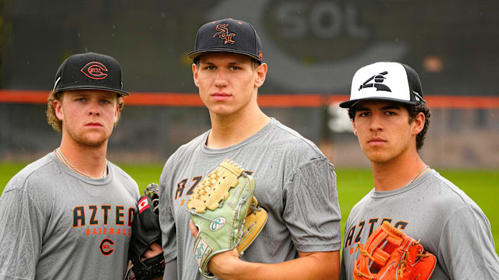 Corona del Sol pitchers Zane Burns (L-R), Brett Crossland and Ryan Caruso pose for a picture during a practice at Corona del Sol in Tempe on Feb. 13, 2025.