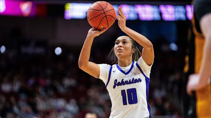 Johnston's Jenica Lewis (10) shoots a pair of free throws against Ankeny in the girls state semi-final game on March 5, 2026, at Casey’s Center in Des Moines. Johnston's Jenica Lewis (10) shoots a pair of free throws against Ankeny in the girls state semi-final game on March 5, 2026, at Casey’s Center in Des Moines.