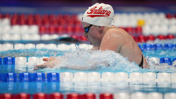 Lilly King competes in the 200-meter breaststroke final, Thursday, June 20, 2024, during the sixth day of the U.S. Olympic Team Swimming Trials at Lucas Oil Stadium in Indianapolis Lilly King competes in the 200-meter breaststroke final, Thursday, June 20, 2024, during the sixth day of the U.S. Olympic Team Swimming Trials at Lucas Oil Stadium in Indianapolis