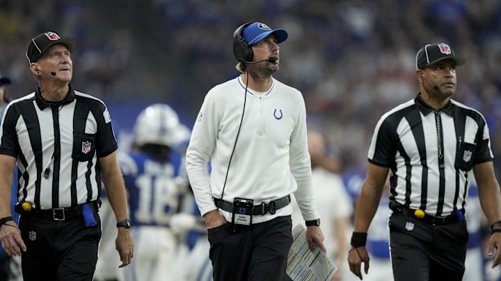 Sep 22, 2024; Indianapolis, Indiana, USA; Indianapolis Colts head coach Shane Steichen talks to officials while holding a red flag during a game against the Chicago Bears at Lucas Oil Stadium. Mandatory Credit: Grace Hollars USA TODAY Network via Imagn Images Sep 22, 2024; Indianapolis, Indiana, USA; Indianapolis Colts head coach Shane Steichen talks to officials while holding a red flag during a game against the Chicago Bears at Lucas Oil Stadium. Mandatory Credit: Grace Hollars USA TODAY Network via Imagn Images