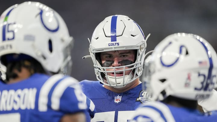 Sep 10, 2023; Indianapolis, Indiana, USA; Indianapolis Colts guard Will Fries (75) talks with teammates Sunday, Sept. 10, 2023, during a game against the Jacksonville Jaguars at Lucas Oil Stadium. Mandatory Credit: Jenna Watson-Imagn Images