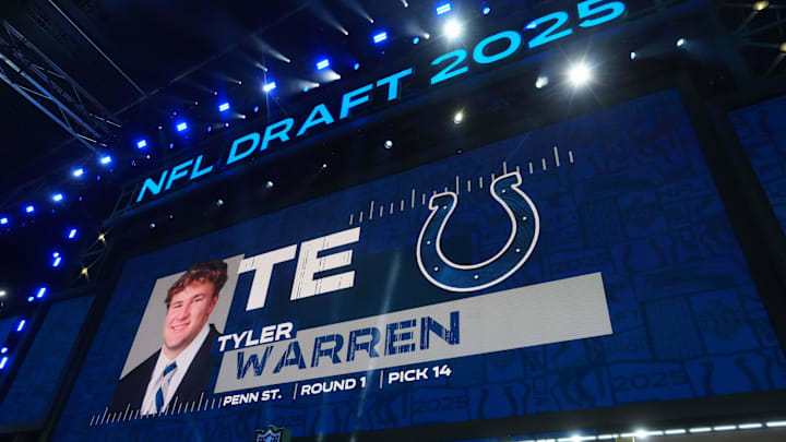 Apr 24, 2025; Green Bay, WI, USA; Penn State Nittany Lions tight end Tyler Warren is selected as the No. 14 pick by the Indianapolis Colts during the NFL Draft at Lambeau Field. Mandatory Credit: Kirby Lee-Imagn Images Apr 24, 2025; Green Bay, WI, USA; Penn State Nittany Lions tight end Tyler Warren is selected as the No. 14 pick by the Indianapolis Colts during the NFL Draft at Lambeau Field. Mandatory Credit: Kirby Lee-Imagn Images