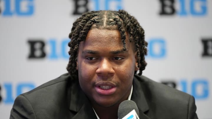Jul 22, 2025; Las Vegas, NV, USA; Illinois offensive lineman J.C. Davis speaks to the media during the Big Ten NCAA college football media days at Mandalay Bay Resort. Mandatory Credit: Lucas Peltier-Imagn Images Jul 22, 2025; Las Vegas, NV, USA; Illinois offensive lineman J.C. Davis speaks to the media during the Big Ten NCAA college football media days at Mandalay Bay Resort. Mandatory Credit: Lucas Peltier-Imagn Images