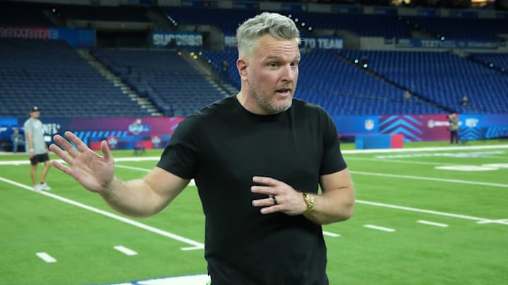 Feb 27, 2025; Indianapolis, IN, USA; Pat McAfee watches during workouts at the 2025 NFL Scouting Combine at Lucas Oil Stadium. Mandatory Credit: Kirby Lee-Imagn Images