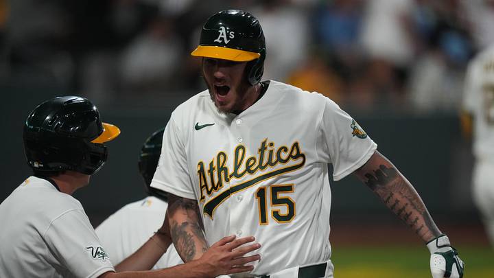 Jun 8, 2026; Summerlin, Nevada, USA; Athletics catcher Jonah Heim (15) celebrates with teammates after hitting a home run against the Milwaukee Brewers during the tenth inning at the Las Vegas Ballpark. Mandatory Credit: Lucas Peltier-Imagn Images Jun 8, 2026; Summerlin, Nevada, USA; Athletics catcher Jonah Heim (15) celebrates with teammates after hitting a home run against the Milwaukee Brewers during the tenth inning at the Las Vegas Ballpark. Mandatory Credit: Lucas Peltier-Imagn Images