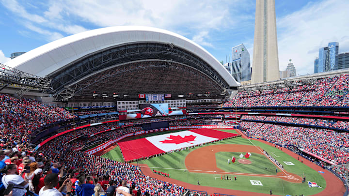Jul 1, 2025; Toronto, Ontario, CAN; A general view of the interior of Rogers Centre during the Canadian national anthem before a game between the New York Yankees and the Toronto Blue Jays.