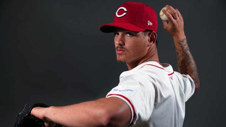 Feb 22, 2024; Goodyear, AZ, USA; Cincinnati Reds pitcher Chase Petty during media day at Goodyear Ballpark. Mandatory Credit: Kareem Elgazzar-Imagn Images