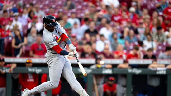 St. Louis Cardinals right fielder Jordan Walker (18) hits a 2-run RBI double in the third inning of the MLB game between Cincinnati Reds and St. Louis Cardinals at Great American Ball Park in Cincinnati on Wednesday, April 30, 2025.