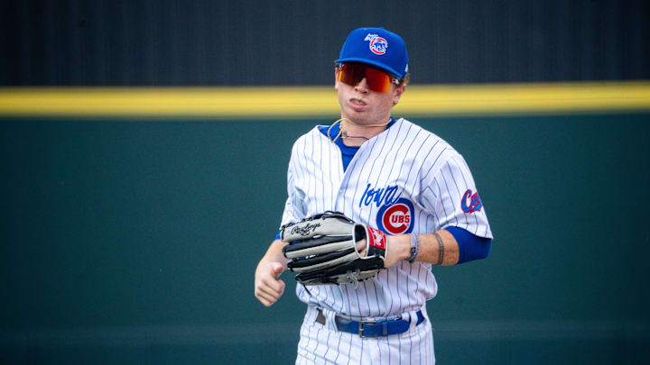 Iowa Cubs center fielder James Triantos returns to the dugout during a game against Cleveland on Thursday, Aug. 15, 2024, at Principal Park. Iowa Cubs center fielder James Triantos returns to the dugout during a game against Cleveland on Thursday, Aug. 15, 2024, at Principal Park.