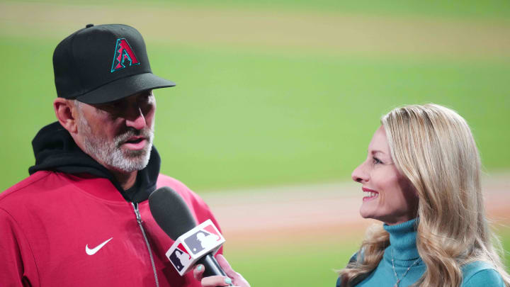 Apr 9, 2024; Denver, Colorado, USA; Arizona Diamondbacks manager Torey Lovullo (17) speaks to reporter Jody Jackson following the win over the Colorado Rockiesat Coors Field. Mandatory Credit: Ron Chenoy-USA TODAY Sports Apr 9, 2024; Denver, Colorado, USA; Arizona Diamondbacks manager Torey Lovullo (17) speaks to reporter Jody Jackson following the win over the Colorado Rockiesat Coors Field. Mandatory Credit: Ron Chenoy-USA TODAY Sports