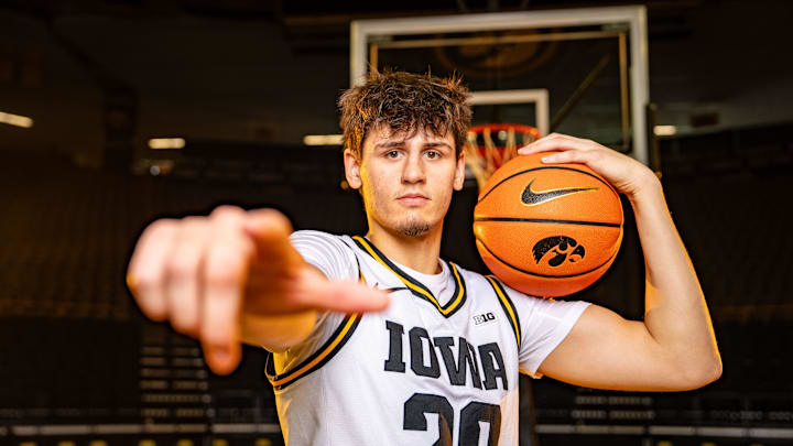 Trey Thompson stands for a photo during Iowa Men's Basketball media day at Carver Hawkeye arena in Iowa City, Oct. 15, 2025. Trey Thompson stands for a photo during Iowa Men's Basketball media day at Carver Hawkeye arena in Iowa City, Oct. 15, 2025.