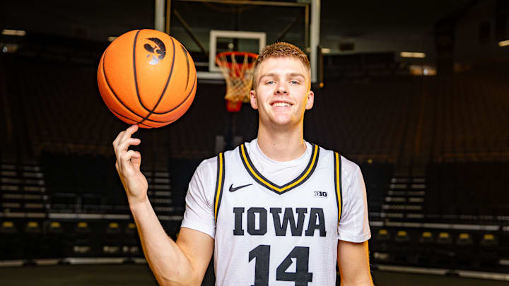 Bennett Stirtz stands for a photo during Iowa Men's Basketball media day at Carver Hawkeye arena in Iowa City, Oct. 15, 2025.