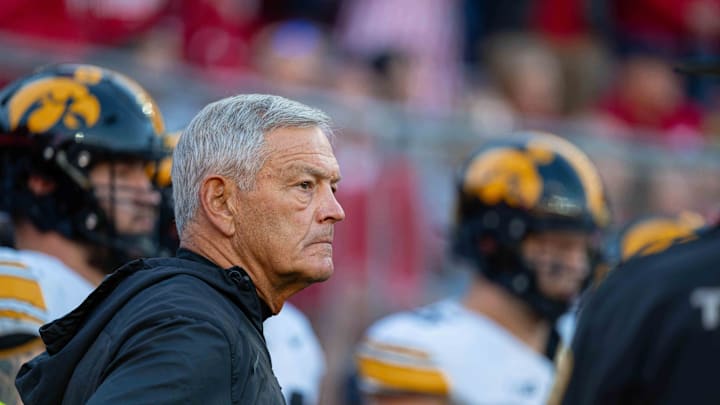 Oct 11, 2025; Madison, Wisconsin, USA; Iowa Hawkeyes head coach Kirk Ferentz eyes the field before a game against the Wisconsin Badgers at Camp Randall Stadium. Mandatory Credit: Ross Harried-Imagn Images