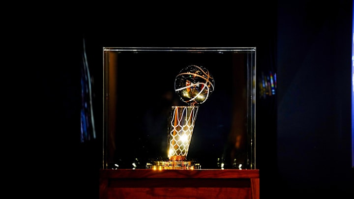 Oct 30, 2023; Denver, Colorado, USA; General view of the Denver Nuggets 2023 Larry O'Brien championship trophy before the game against the Utah Jazz at Ball Arena. Mandatory Credit: Ron Chenoy-Imagn Images Oct 30, 2023; Denver, Colorado, USA; General view of the Denver Nuggets 2023 Larry O'Brien championship trophy before the game against the Utah Jazz at Ball Arena. Mandatory Credit: Ron Chenoy-Imagn Images