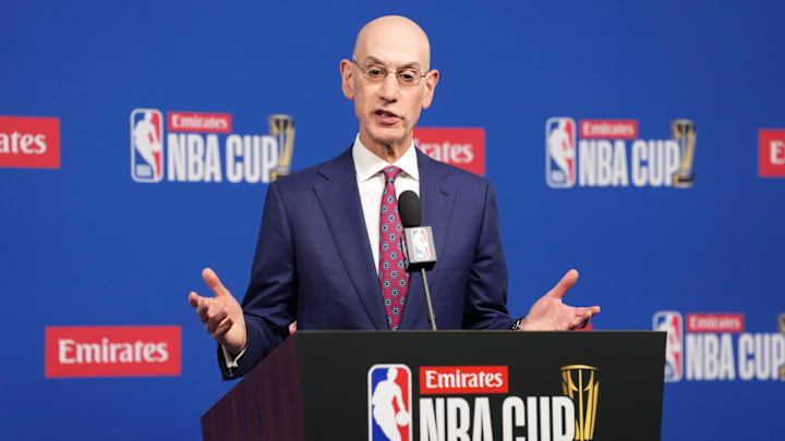 Dec 16, 2025; Las Vegas, Nevada, USA; NBA commissioner Adam Silver speaks during press conference at the Emirates NBA Cup Final at T-Mobile Arena. Mandatory Credit: Kirby Lee-Imagn Images Dec 16, 2025; Las Vegas, Nevada, USA; NBA commissioner Adam Silver speaks during press conference at the Emirates NBA Cup Final at T-Mobile Arena. Mandatory Credit: Kirby Lee-Imagn Images