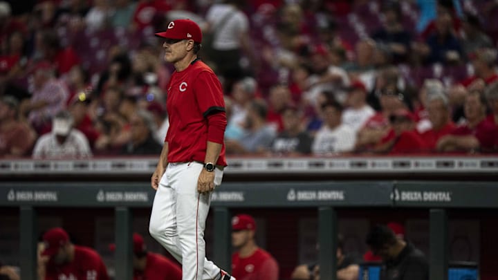 Cincinnati Reds manager David Bell approaches the mound in the fifth inning of the MLB baseball game between the Cincinnati Reds and the Seattle Mariners at Great American Ball Park on Sept 6.