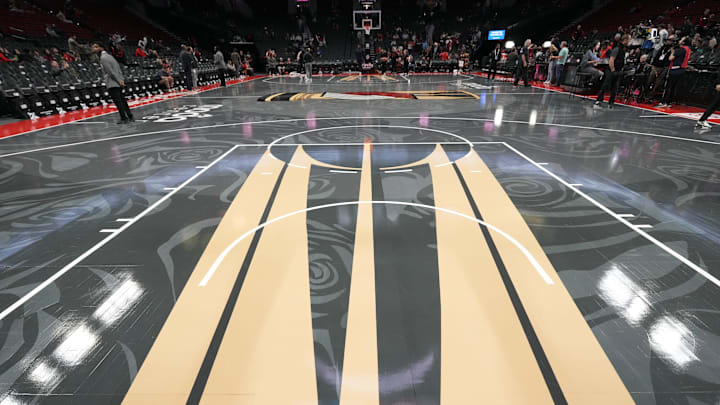 Nov 12, 2024; Portland, Oregon, USA; An overall view of an NBA Cup Court at Moda Center. Mandatory Credit: Soobum Im-Imagn Images