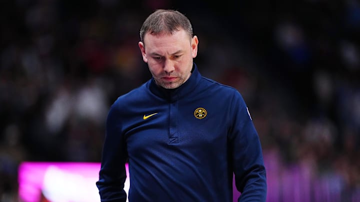 Dec 15, 2025; Denver, Colorado, USA; Denver Nuggets head coach David Adelman during the second quarter against the Houston Rockets at Ball Arena. Mandatory Credit: Ron Chenoy-Imagn Images