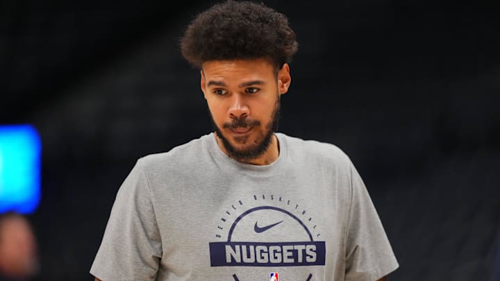 Nov 5, 2025; Denver, Colorado, USA; Denver Nuggets forward Cameron Johnson (23) before game against the Miami Heat at Ball Arena.