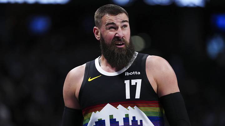Apr 4, 2026; Denver, Colorado, USA; Denver Nuggets center Jonas Valanciunas (17) leaves the court in the second quarter against the San Antonio Spurs at Ball Arena.