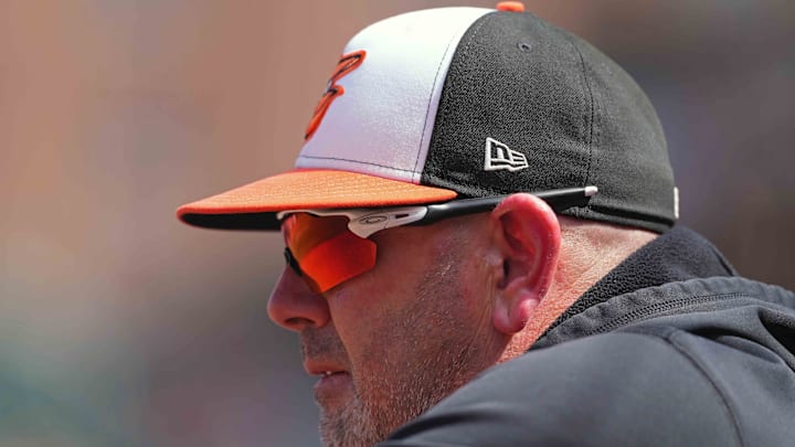 Sep 19, 2024; Baltimore, Maryland, USA; Baltimore Orioles manager Brandon Hyde (18) watches third inning action against the San Francisco Giants at Oriole Park at Camden Yards
