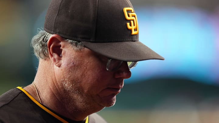 Sep 29, 2024; Phoenix, Arizona, USA; San Diego Padres manager Mike Shildt (8) looks on against the Arizona Diamondbacks during the eighth inning at Chase Field. Mandatory Credit: Joe Camporeale-Imagn Images