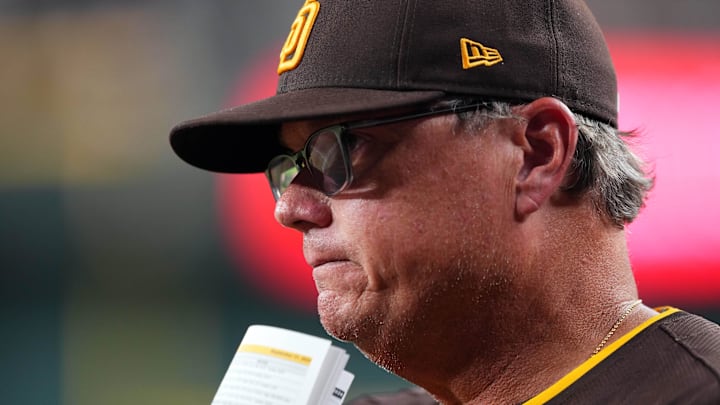 Sep 27, 2024; Phoenix, Arizona, USA; San Diego Padres manager Mike Shildt (8) looks on against the Arizona Diamondbacks during the ninth inning at Chase Field. Mandatory Credit: Joe Camporeale-Imagn Images Sep 27, 2024; Phoenix, Arizona, USA; San Diego Padres manager Mike Shildt (8) looks on against the Arizona Diamondbacks during the ninth inning at Chase Field. Mandatory Credit: Joe Camporeale-Imagn Images