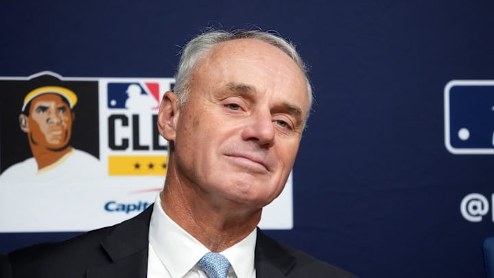 Oct 27, 2025; Los Angeles, California, USA; Major League Baseball commissioner Rob Manfred before game three of the 2025 MLB World Series between the Toronto Blue Jays and Los Angeles Dodgers at Dodger Stadium. Mandatory Credit: Kirby Lee-Imagn Images
