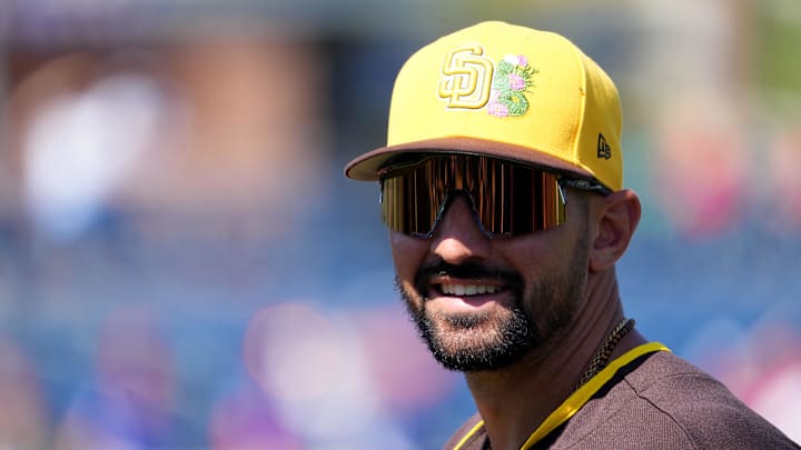 Mar 9, 2026; Peoria, Arizona, USA; San Diego Padres right fielder Nick Castellanos (21) looks on before the game against the Texas Rangers at Peoria Sports Complex. Mandatory Credit: Joe Camporeale-Imagn Images Mar 9, 2026; Peoria, Arizona, USA; San Diego Padres right fielder Nick Castellanos (21) looks on before the game against the Texas Rangers at Peoria Sports Complex. Mandatory Credit: Joe Camporeale-Imagn Images