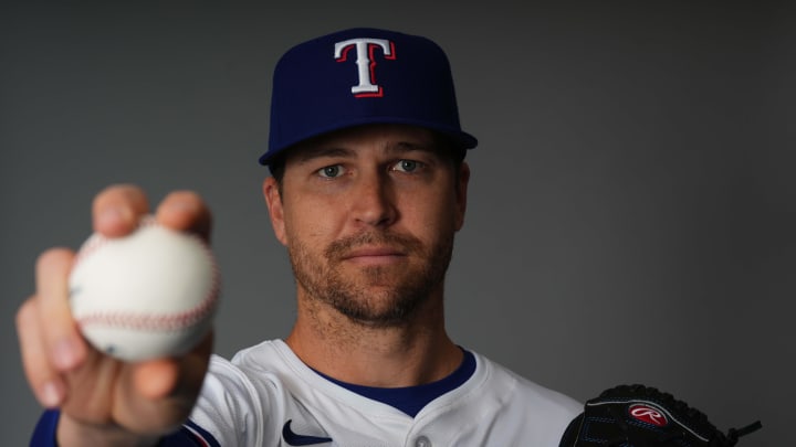 Feb 20, 2024; Surprise, AZ, USA; Texas Rangers starting pitcher Jacob deGrom (48) poses for a photo during Media Day at Surprise Stadium. Mandatory Credit: Joe Camporeale-USA TODAY Sports