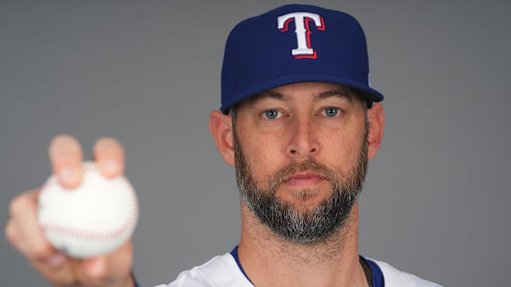 Feb 19, 2025; Surprise, AZ, USA; Texas Rangers pitcher Chris Martin (55) poses for a photo during Media Day at Surprise Stadium. Feb 19, 2025; Surprise, AZ, USA; Texas Rangers pitcher Chris Martin (55) poses for a photo during Media Day at Surprise Stadium.