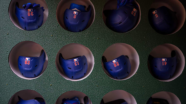 May 26, 2022; Oakland, California, USA; Batting helmets before a game between Texas Rangers and Oakland Athletics at RingCentral Coliseum. Mandatory Credit: Neville E. Guard-Imagn Images
