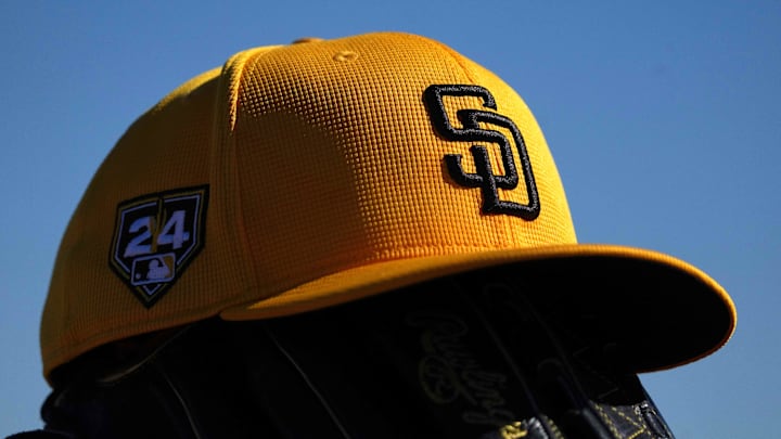 Feb 13, 2024; Peoria, AZ, USA; The details of a San Diego Padres cap during a Spring Training workout at Peoria Sports Complex. Mandatory Credit: Joe Camporeale-Imagn Images
