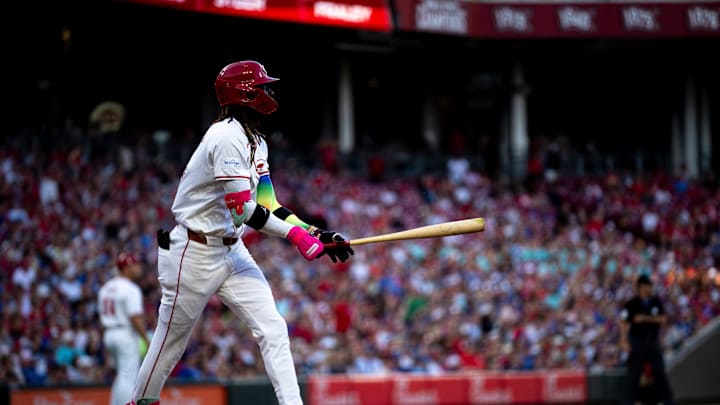 Cincinnati Reds shortstop Elly De La Cruz (44) watches his ball leave the park for a 3-run home run to take a one run lead in the third inning of the MLB game between the Cincinnati Reds and the Chicago Cubs at Great American Ball Park in Cincinnati on Thursday, June 6, 2024.