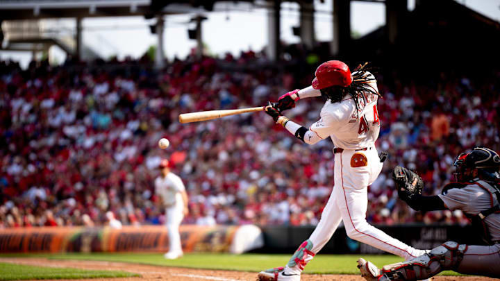 Cincinnati Reds shortstop Elly De La Cruz (44) hits a base hit in the fifth inning of the MLB baseball game between the Cincinnati Reds and the Boston Red Sox at Great American Ball Park in Cincinnati on Saturday, June 22, 2024.