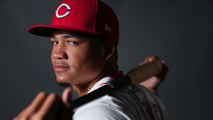 Feb 22, 2024; Goodyear, AZ, USA; Cincinnati Reds infielder Noelvi Marte during media day at Goodyear Ballpark. Mandatory Credit: Kareem Elgazzar-USA TODAY Sports