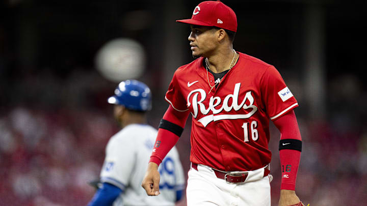 Aug 17, 2024; Cincinnati, Ohio, USA; Cincinnati Reds third baseman Noelvi Marte (16) walks back to the dugout in the sixth inning against the Kansas City Royals at Great American Ball Park. Mandatory Credit: Albert Cesare/The Cincinnati Enquirer-Imagn Images