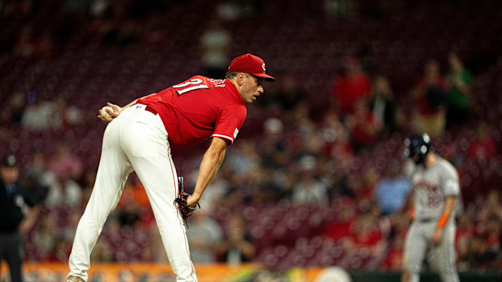 Cincinnati Reds pitcher Brent Suter prepares to pitch in the ninth inning of the MLB game at Great American Ball Park in Cincinnati on Wednesday, Sept. 4, 2024. Cincinnati Reds defeated Houston Astros 12-5. Cincinnati Reds pitcher Brent Suter prepares to pitch in the ninth inning of the MLB game at Great American Ball Park in Cincinnati on Wednesday, Sept. 4, 2024. Cincinnati Reds defeated Houston Astros 12-5.
