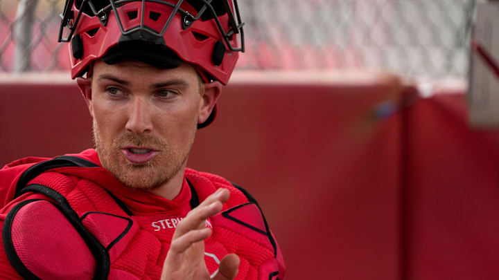 Cincinnati Reds catcher Tyler Stephenson (37) catches a throwing session at the Cincinnati Reds Player Development Complex in Goodyear, Ariz., on Wednesday, Feb. 12, 2025. Cincinnati Reds catcher Tyler Stephenson (37) catches a throwing session at the Cincinnati Reds Player Development Complex in Goodyear, Ariz., on Wednesday, Feb. 12, 2025.